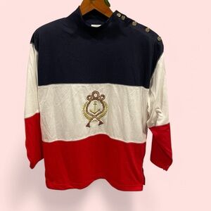 Vintage 80’s-90’s old money nautical gold embroidery gold button mock neck top